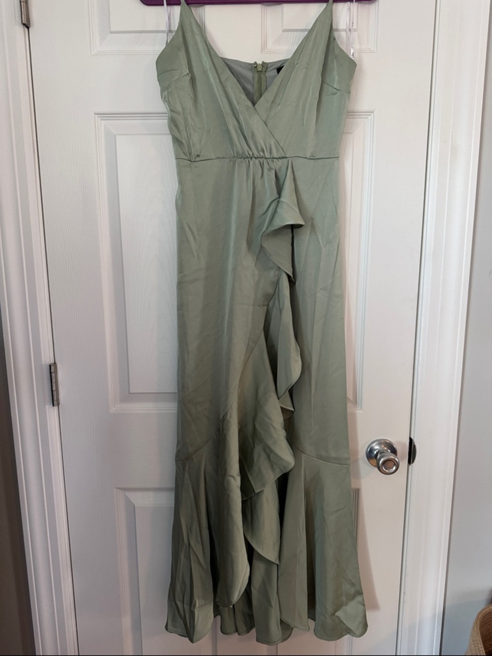 Lulu’s Enchanted Moments Sage Green Satin Ruffled High Low Dress